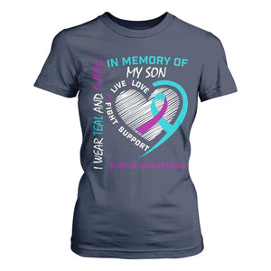 In Memory of My Son Suicide Awareness T Shirt For Women Teal and Purple Ribbon Remembrance Gift
