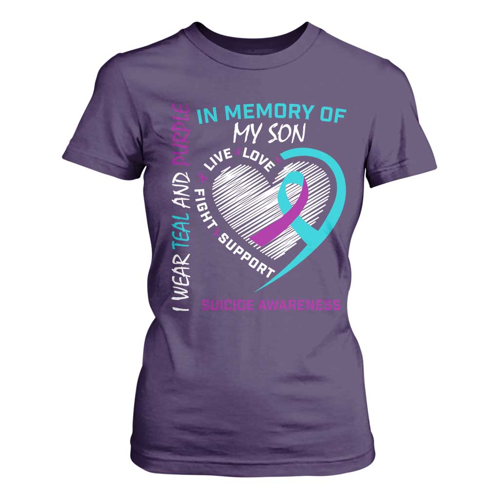 In Memory of My Son Suicide Awareness T Shirt For Women Teal and Purple Ribbon Remembrance Gift