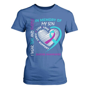In Memory of My Son Suicide Awareness T Shirt For Women Teal and Purple Ribbon Remembrance Gift