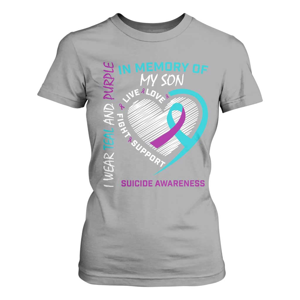 In Memory of My Son Suicide Awareness T Shirt For Women Teal and Purple Ribbon Remembrance Gift