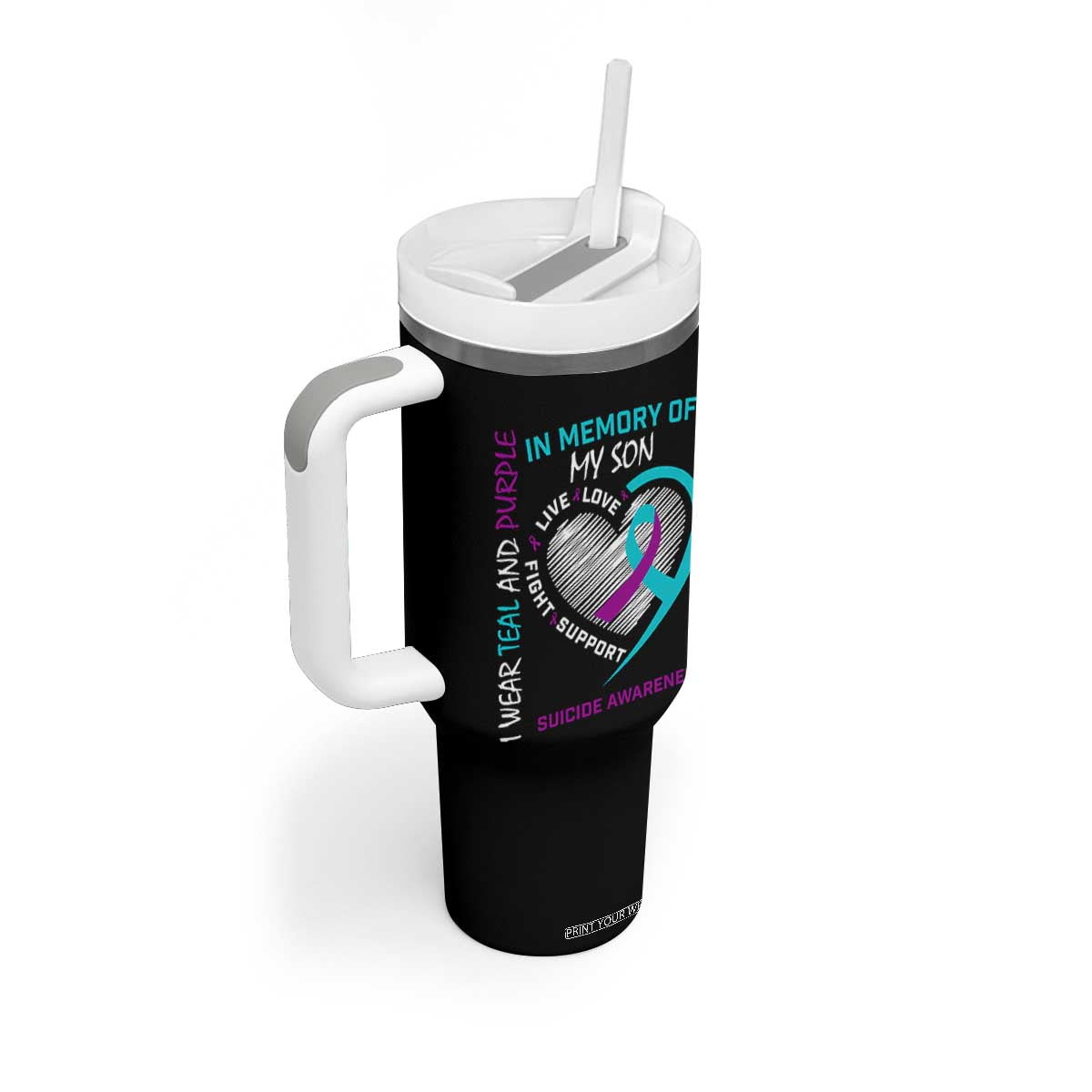 In Memory of My Son Suicide Awareness Tumbler With Handle Teal and Purple Ribbon Remembrance Gift