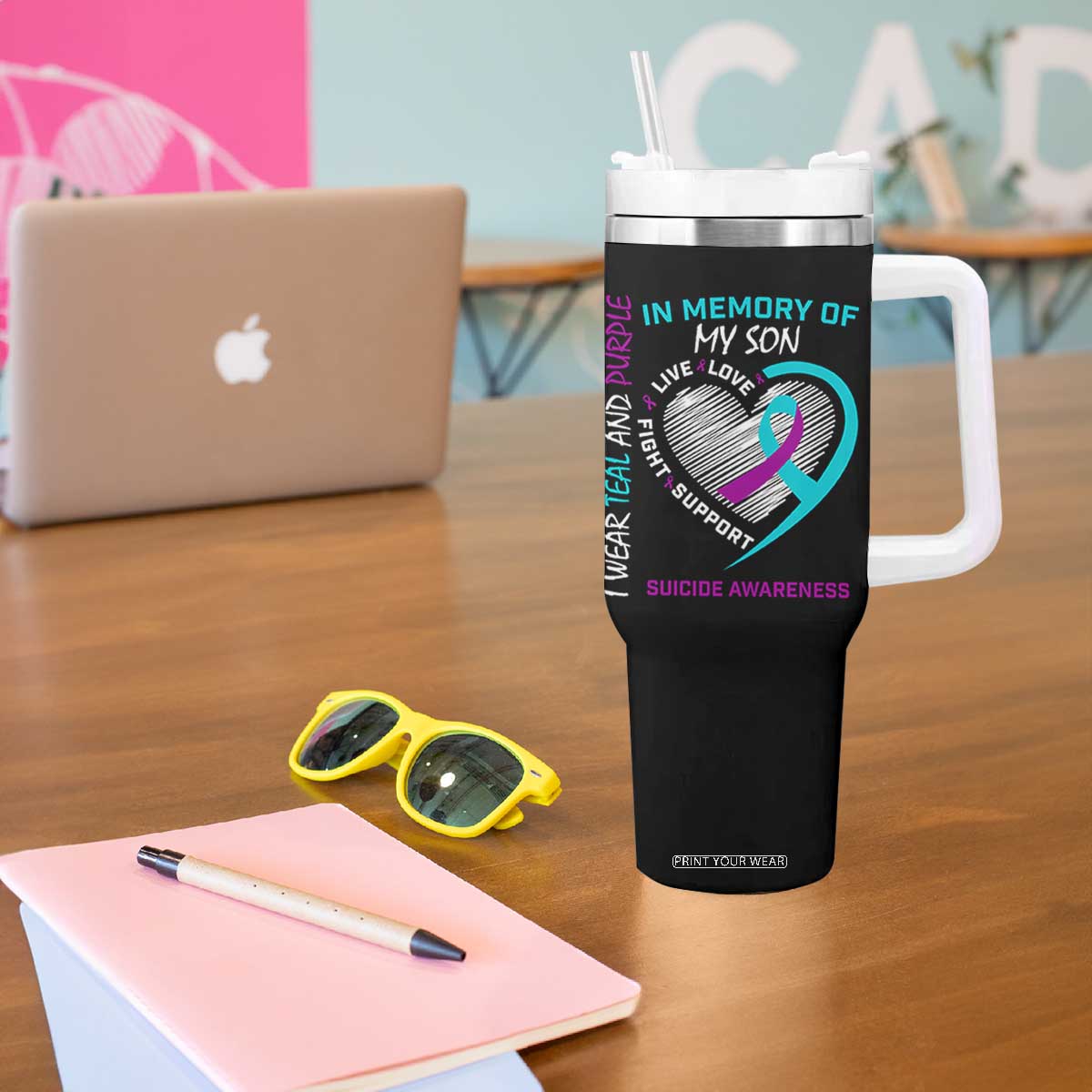 In Memory of My Son Suicide Awareness Tumbler With Handle Teal and Purple Ribbon Remembrance Gift