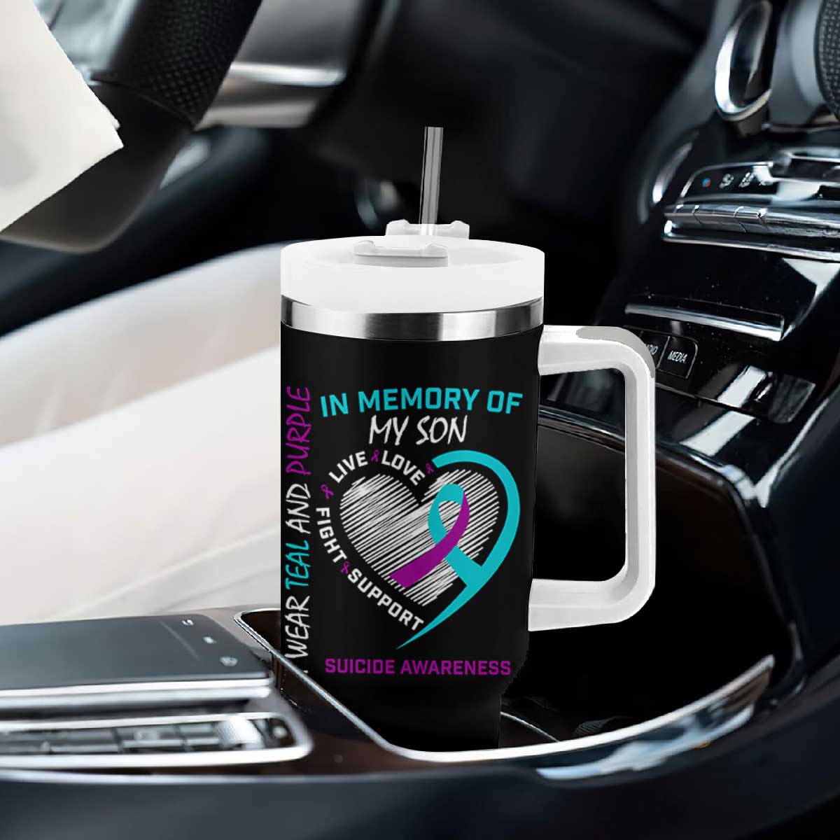 In Memory of My Son Suicide Awareness Tumbler With Handle Teal and Purple Ribbon Remembrance Gift