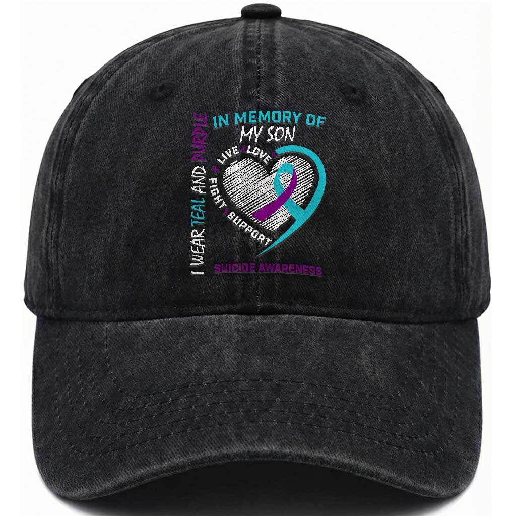 In Memory of My Son Suicide Awareness Washed Cotton Baseball Cap Teal and Purple Ribbon Remembrance Gift TS02 Print Your Wear