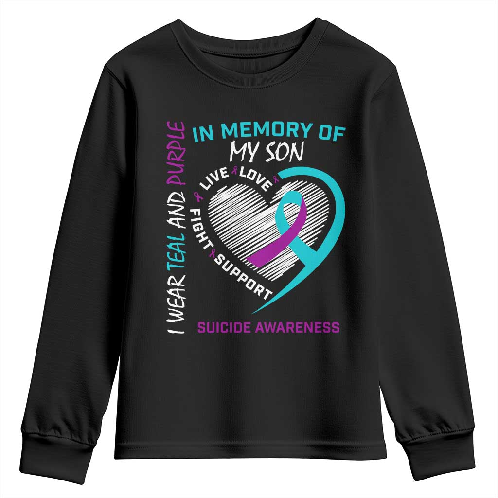 In Memory of My Son Suicide Awareness Youth Sweatshirt Teal and Purple Ribbon Remembrance Gift TS02 Black Print Your Wear