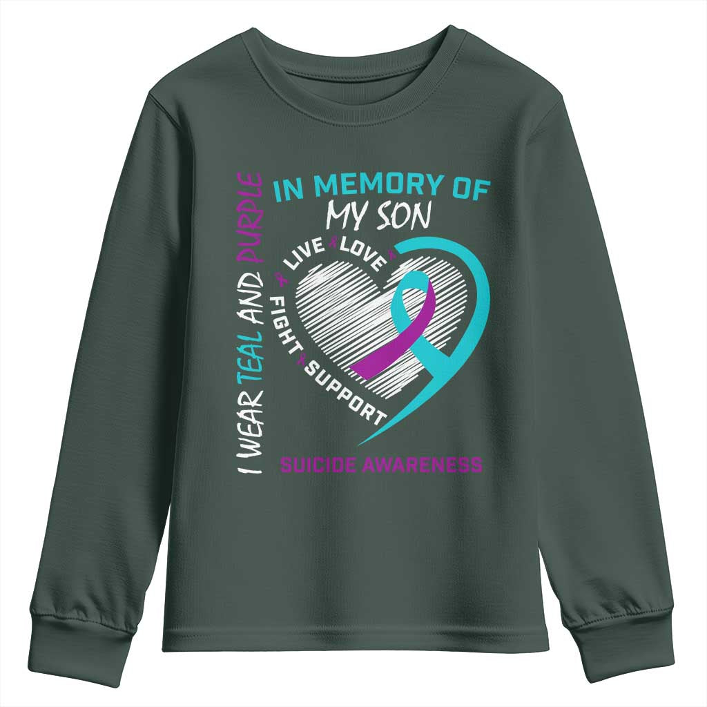 In Memory of My Son Suicide Awareness Youth Sweatshirt Teal and Purple Ribbon Remembrance Gift