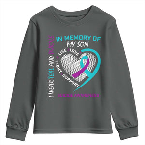 In Memory of My Son Suicide Awareness Youth Sweatshirt Teal and Purple Ribbon Remembrance Gift