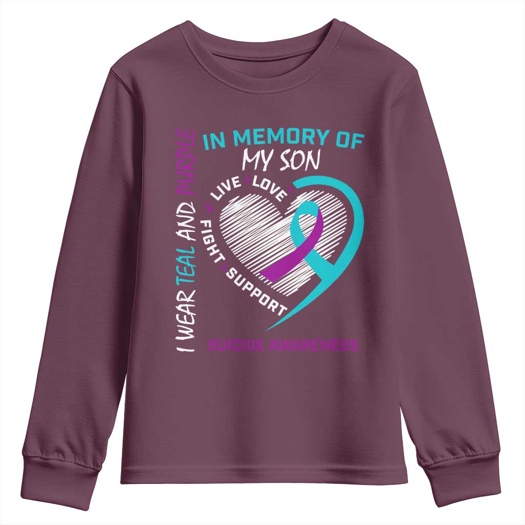 In Memory of My Son Suicide Awareness Youth Sweatshirt Teal and Purple Ribbon Remembrance Gift