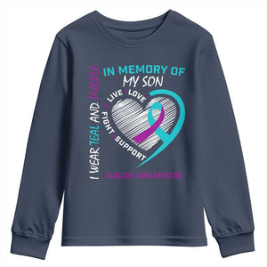 In Memory of My Son Suicide Awareness Youth Sweatshirt Teal and Purple Ribbon Remembrance Gift