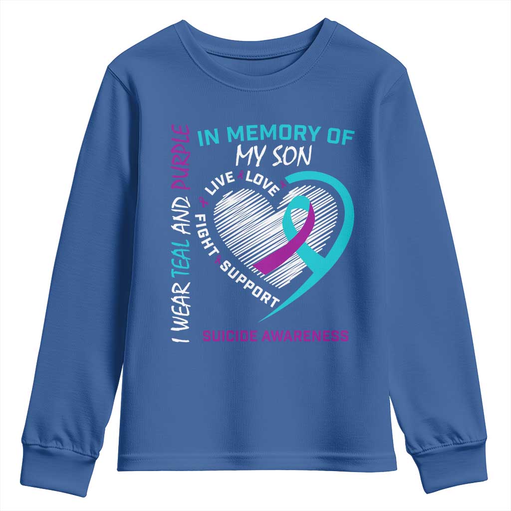 In Memory of My Son Suicide Awareness Youth Sweatshirt Teal and Purple Ribbon Remembrance Gift