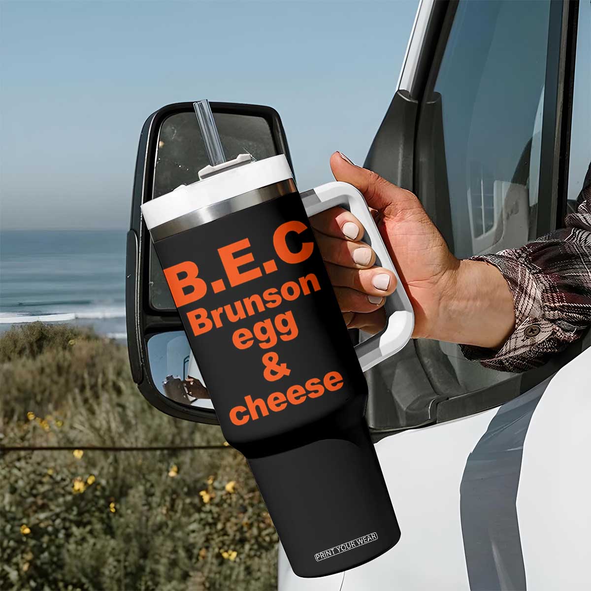 B.E.C. Brunson Egg and Cheese Sandwich Pun Tumbler With Handle Funny New York Bodega Breakfast Basketball Fan
