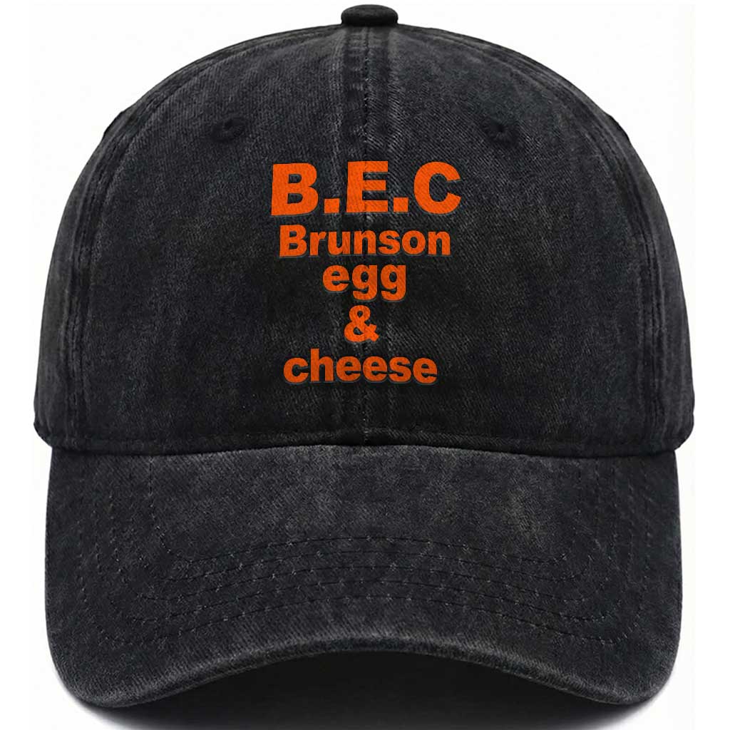 B.E.C. Brunson Egg and Cheese Sandwich Pun Washed Cotton Baseball Cap Funny New York Bodega Breakfast Basketball Fan TS02 Print Your Wear