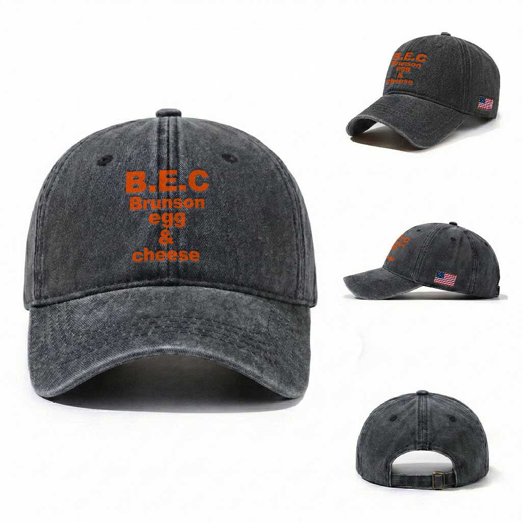 B.E.C. Brunson Egg and Cheese Sandwich Pun Washed Cotton Baseball Cap Funny New York Bodega Breakfast Basketball Fan