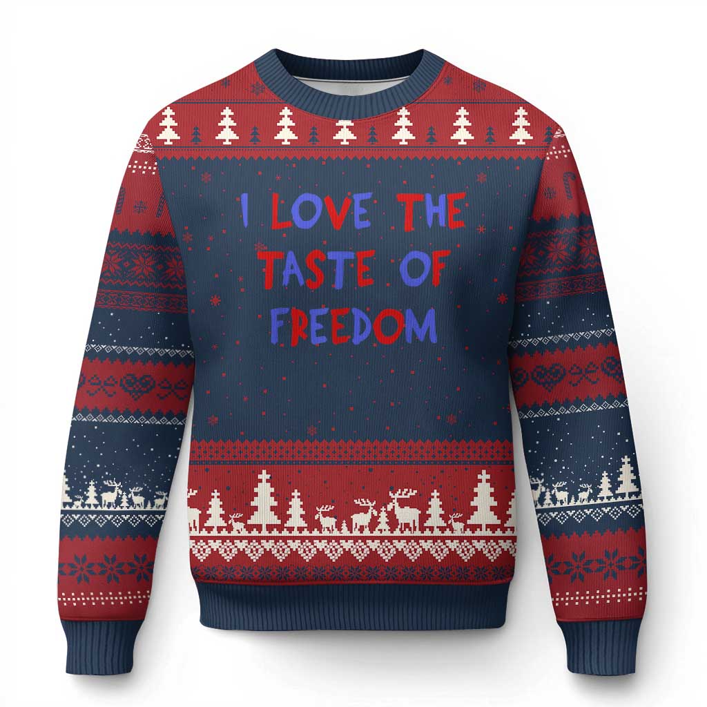 I Love The Taste Of Freedom Americana Matching Couple Ugly Christmas Sweater Funny Patriotic Red White and Blue 4th of July