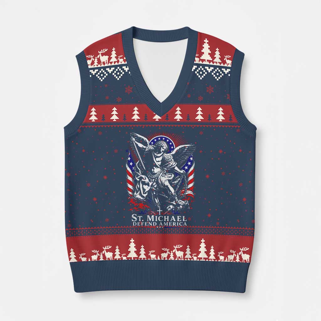 St Michael Defend America Archangel Graphic V-Neck Knit Sweater Vest Christian Faith Patriotic