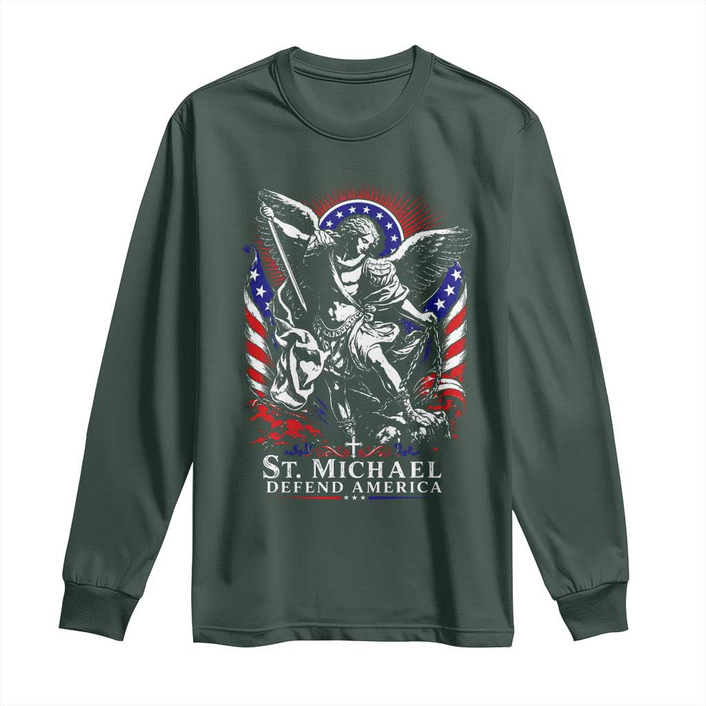 St Michael Defend America Archangel Graphic Long Sleeve Shirt Christian Faith Patriotic