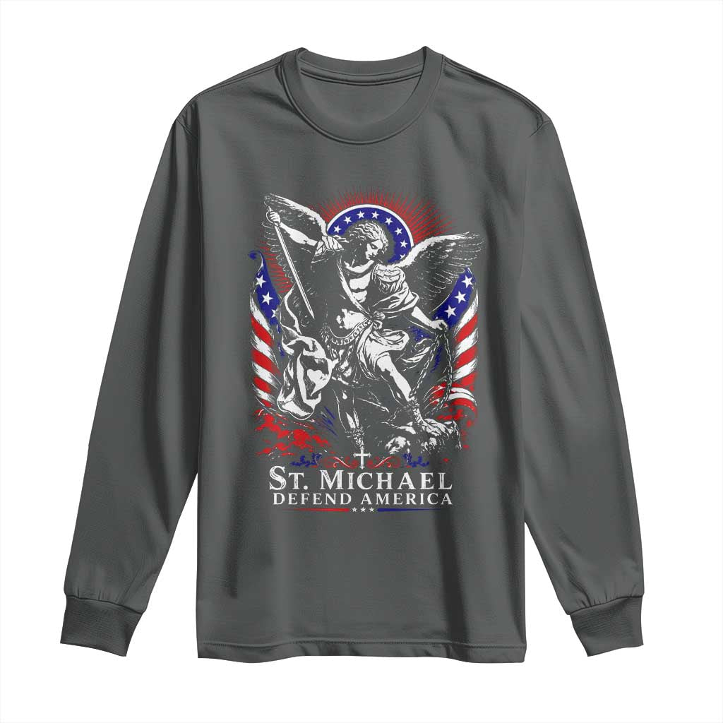 St Michael Defend America Archangel Graphic Long Sleeve Shirt Christian Faith Patriotic
