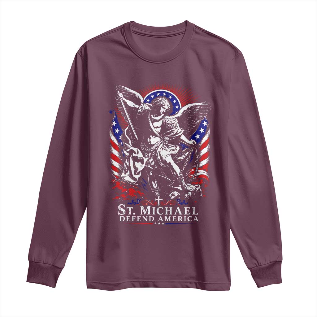 St Michael Defend America Archangel Graphic Long Sleeve Shirt Christian Faith Patriotic