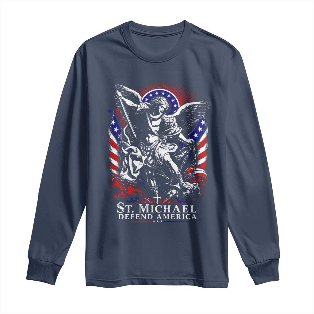 St Michael Defend America Archangel Graphic Long Sleeve Shirt Christian Faith Patriotic