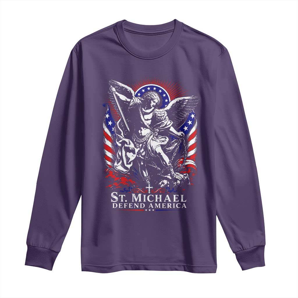 St Michael Defend America Archangel Graphic Long Sleeve Shirt Christian Faith Patriotic