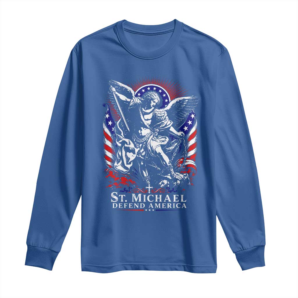 St Michael Defend America Archangel Graphic Long Sleeve Shirt Christian Faith Patriotic