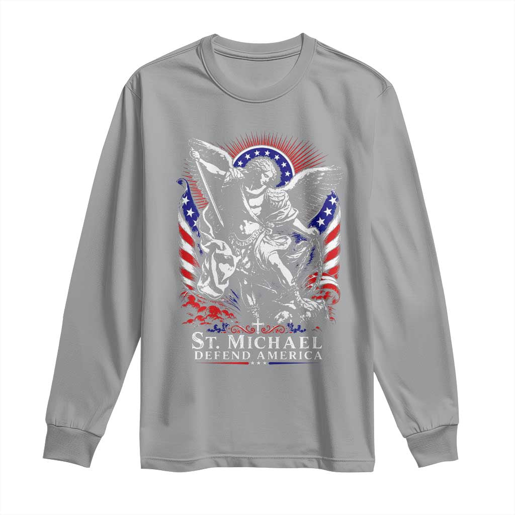 St Michael Defend America Archangel Graphic Long Sleeve Shirt Christian Faith Patriotic