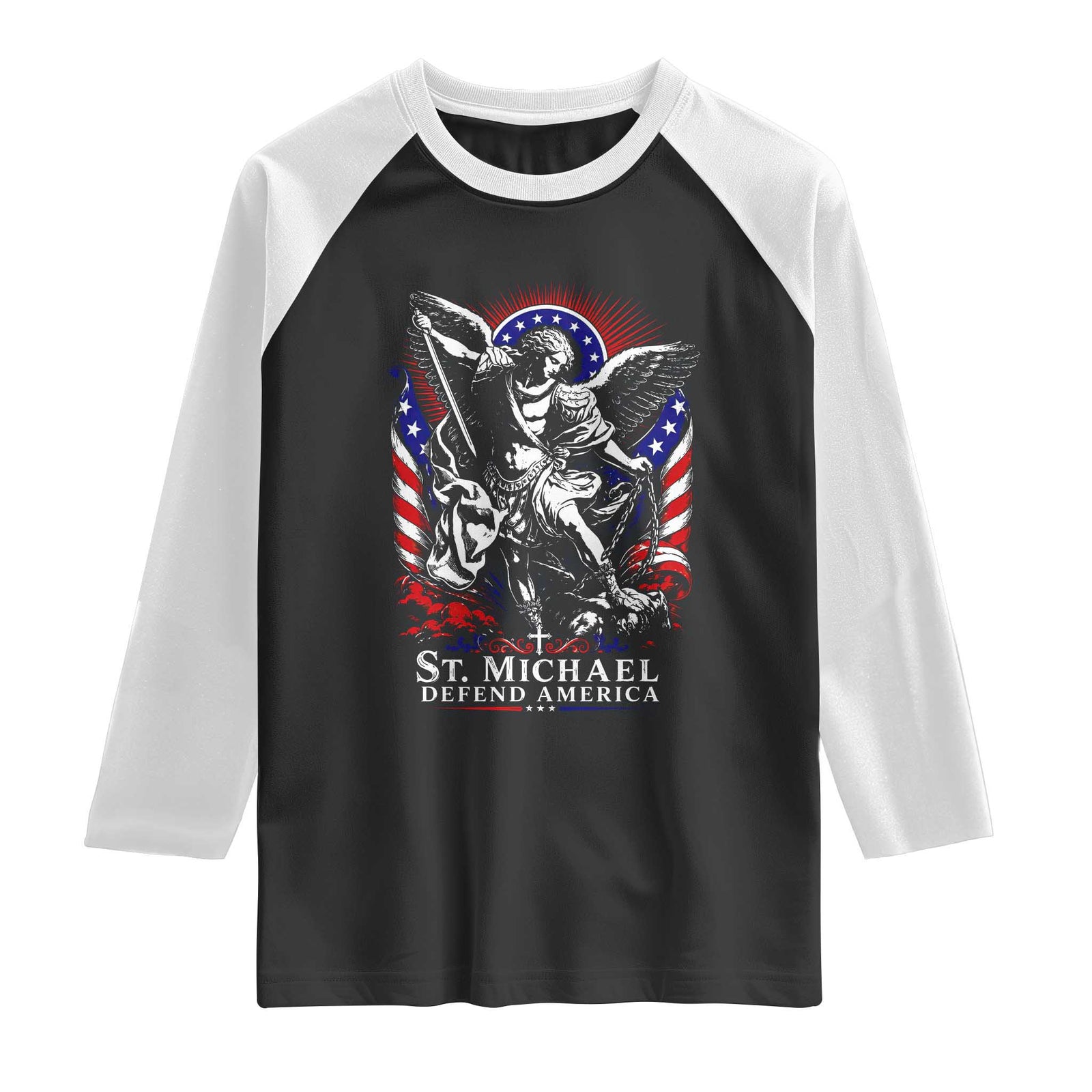 St Michael Defend America Archangel Graphic Raglan Shirt Christian Faith Patriotic TS02 Black White Print Your Wear