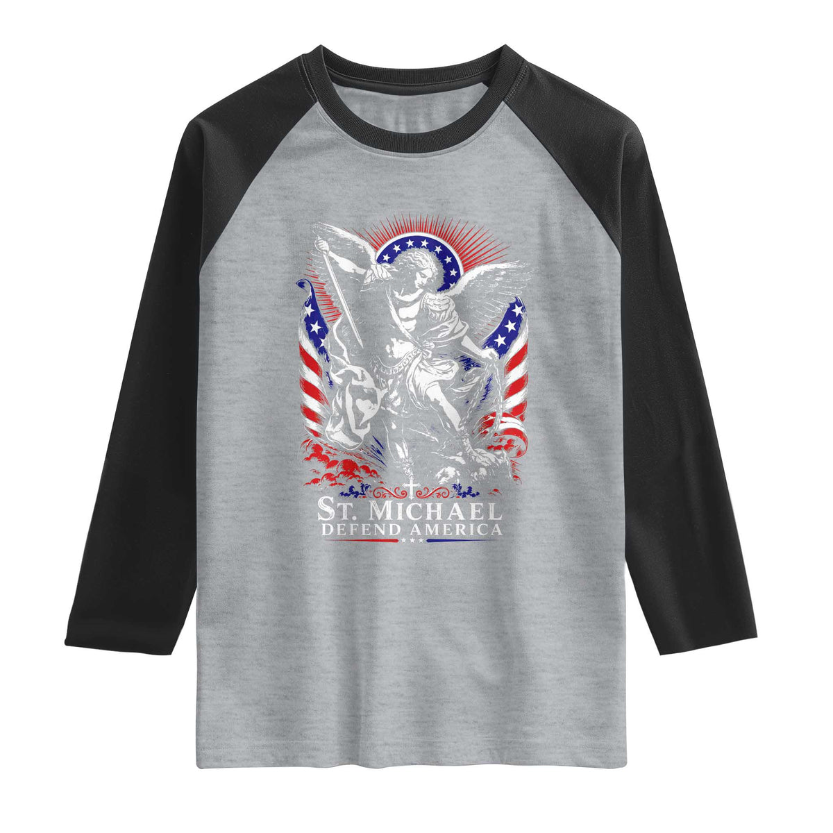 St Michael Defend America Archangel Graphic Raglan Shirt Christian Faith Patriotic