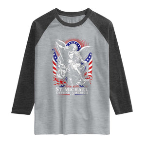St Michael Defend America Archangel Graphic Raglan Shirt Christian Faith Patriotic
