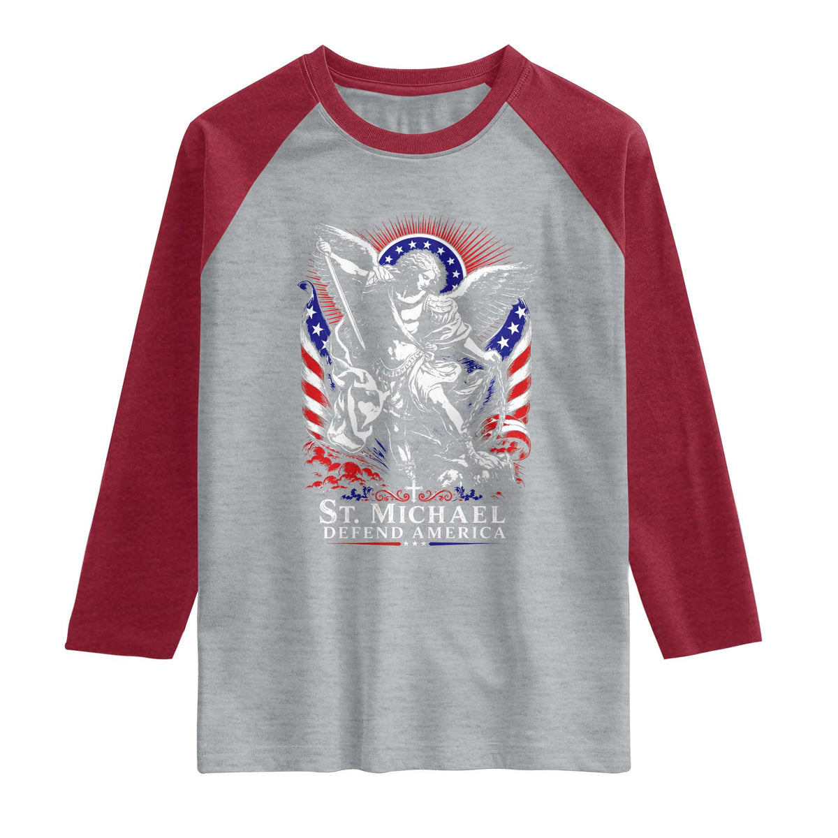 St Michael Defend America Archangel Graphic Raglan Shirt Christian Faith Patriotic