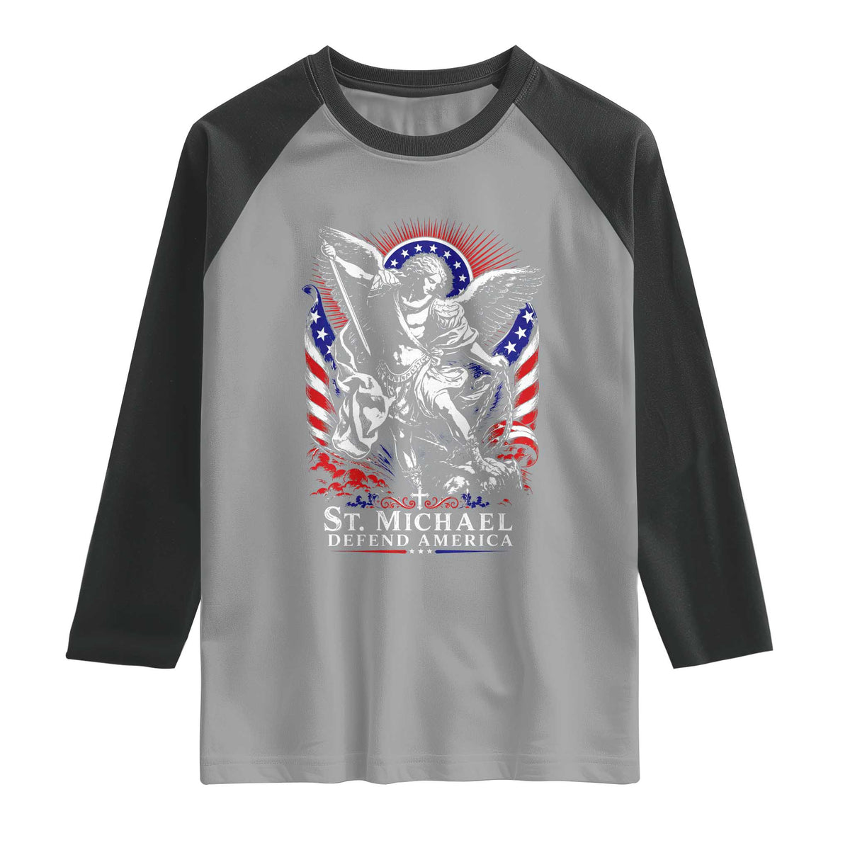 St Michael Defend America Archangel Graphic Raglan Shirt Christian Faith Patriotic