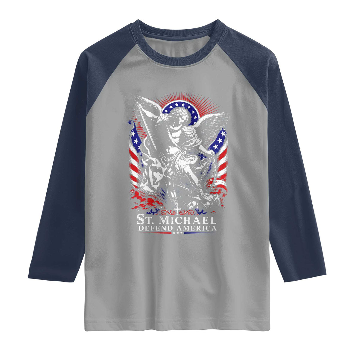 St Michael Defend America Archangel Graphic Raglan Shirt Christian Faith Patriotic
