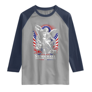 St Michael Defend America Archangel Graphic Raglan Shirt Christian Faith Patriotic