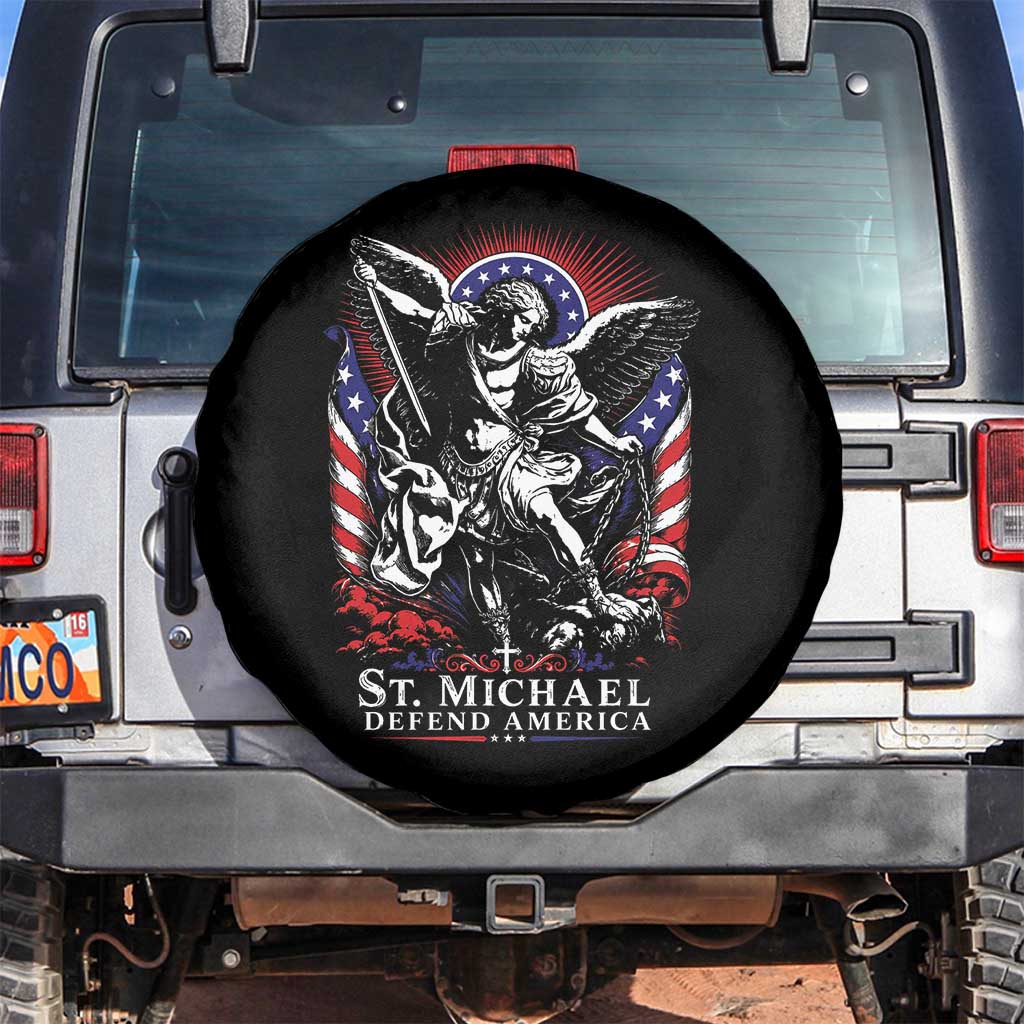 St Michael Defend America Archangel Graphic Spare Tire Cover Christian Faith Patriotic TS02 No hole Black Print Your Wear