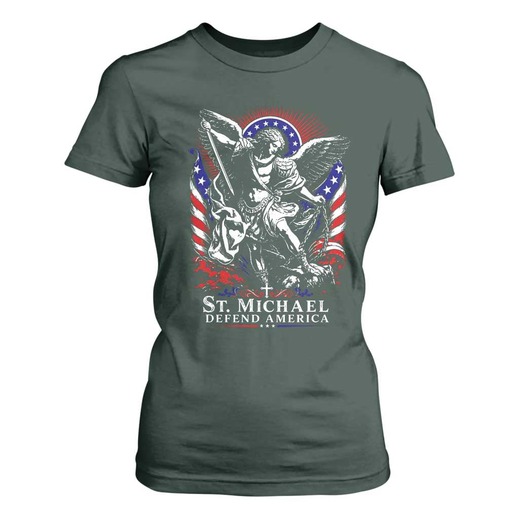 St Michael Defend America Archangel Graphic T Shirt For Women Christian Faith Patriotic