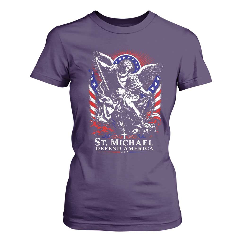 St Michael Defend America Archangel Graphic T Shirt For Women Christian Faith Patriotic