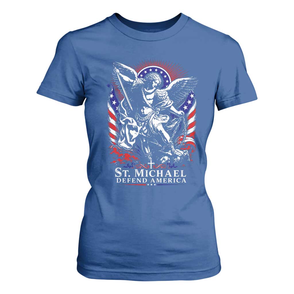 St Michael Defend America Archangel Graphic T Shirt For Women Christian Faith Patriotic