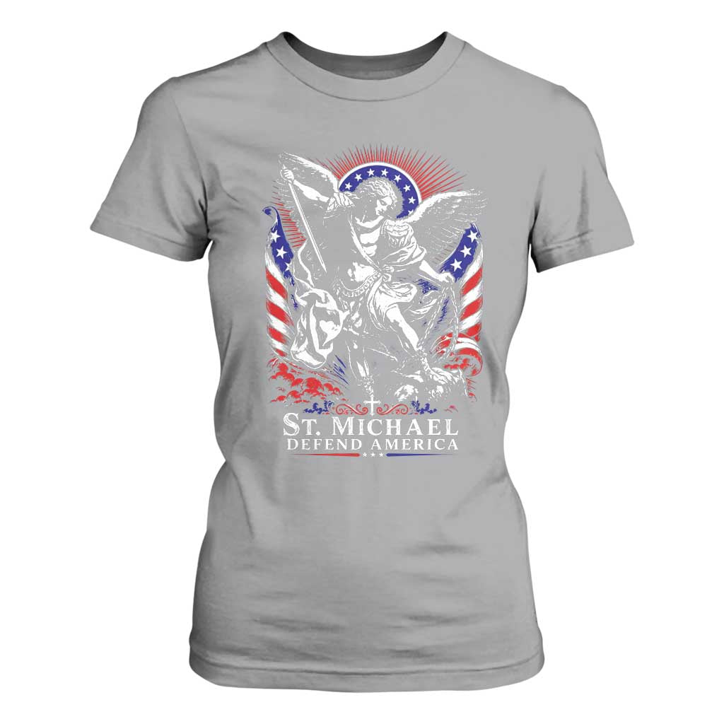 St Michael Defend America Archangel Graphic T Shirt For Women Christian Faith Patriotic