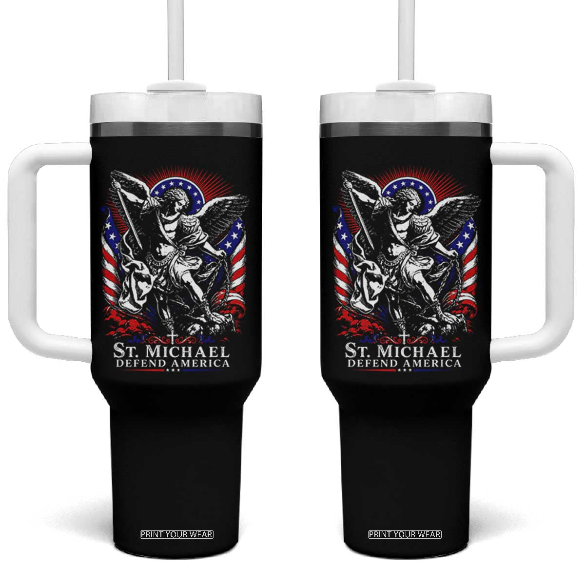 St Michael Defend America Archangel Graphic Tumbler With Handle Christian Faith Patriotic TS02 One Size: 40 oz Black Print Your Wear