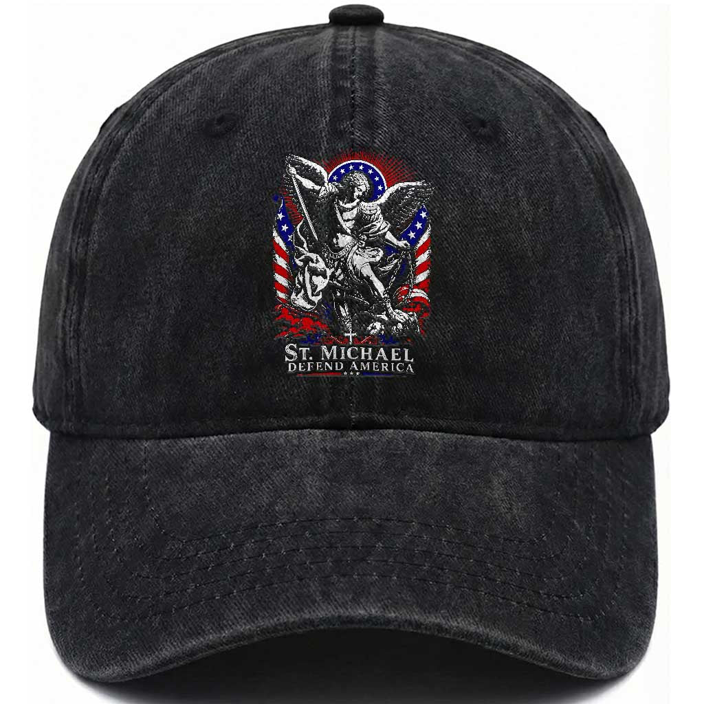 St Michael Defend America Archangel Graphic Washed Cotton Baseball Cap Christian Faith Patriotic