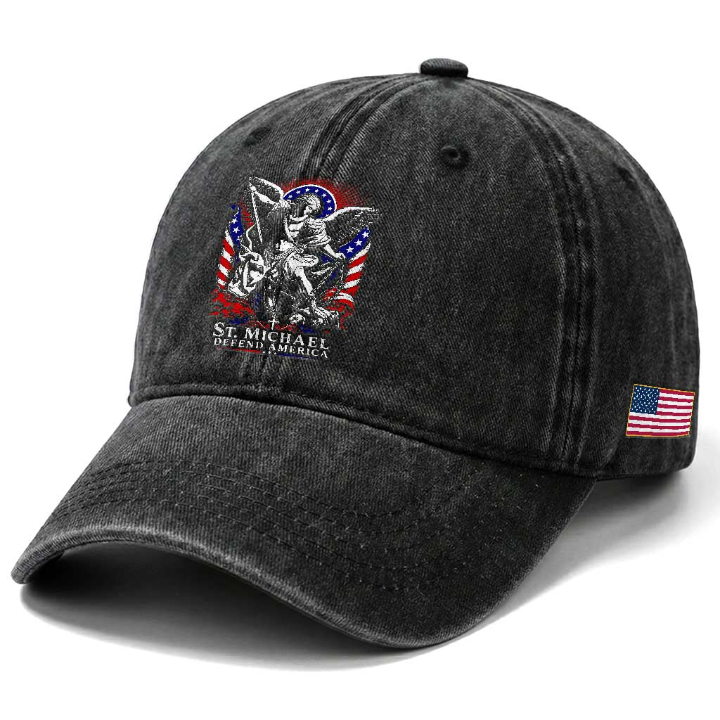 St Michael Defend America Archangel Graphic Washed Cotton Baseball Cap Christian Faith Patriotic