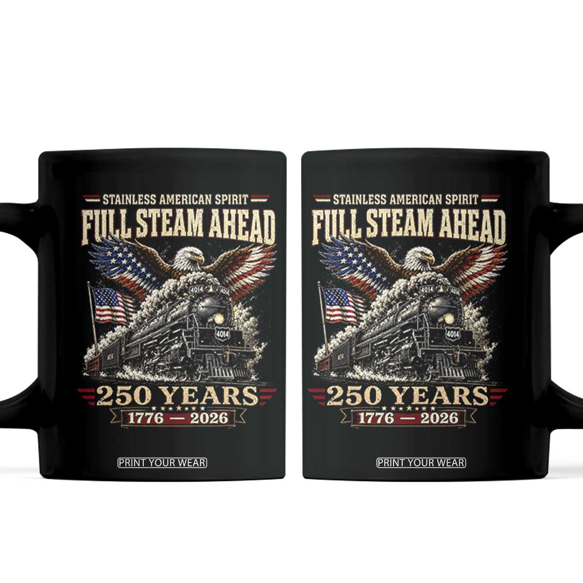 Full Steam Ahead Patriotic Bald Eagle Coffee Mug Vintage Stainless American Spirit Steam Locomotive Heritage