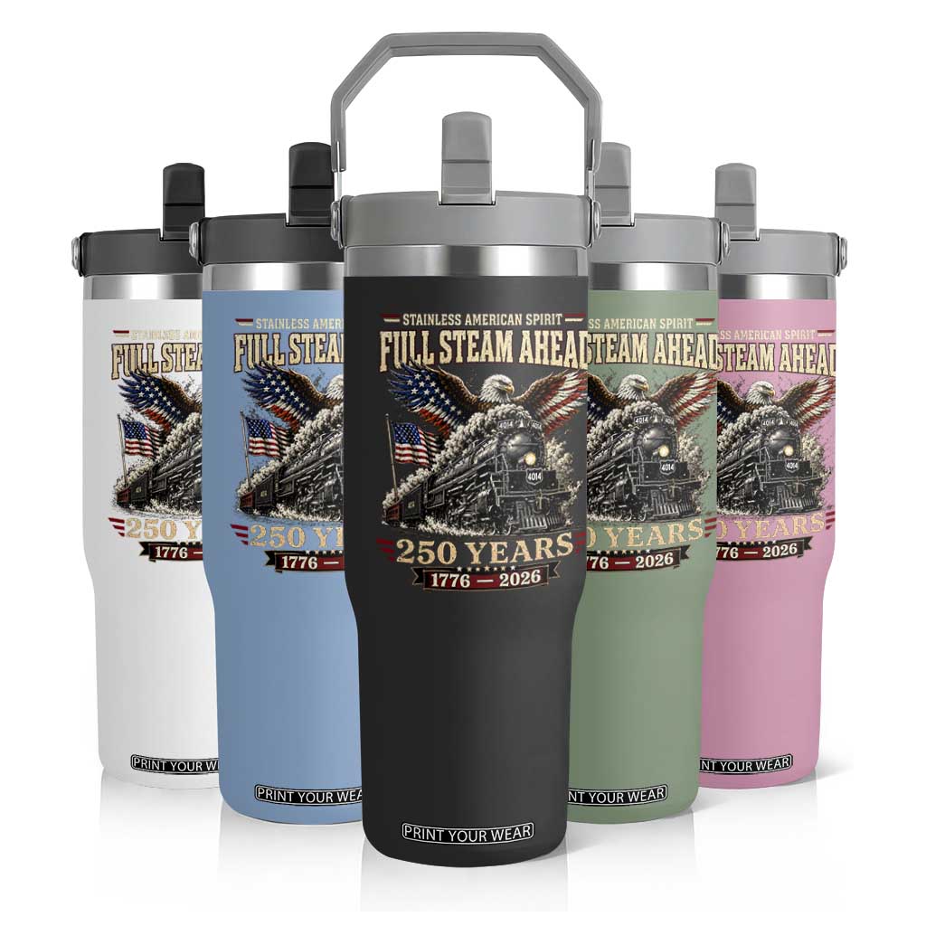Full Steam Ahead Patriotic Bald Eagle Flip Straw Tumbler Vintage Stainless American Spirit Steam Locomotive Heritage