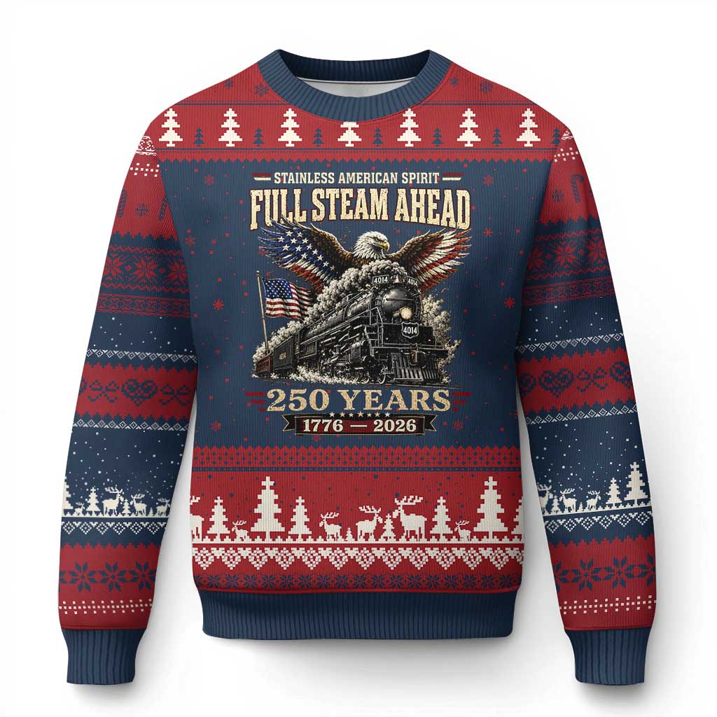 Full Steam Ahead Patriotic Bald Eagle Ugly Christmas Sweater Vintage Stainless American Spirit Steam Locomotive Heritage