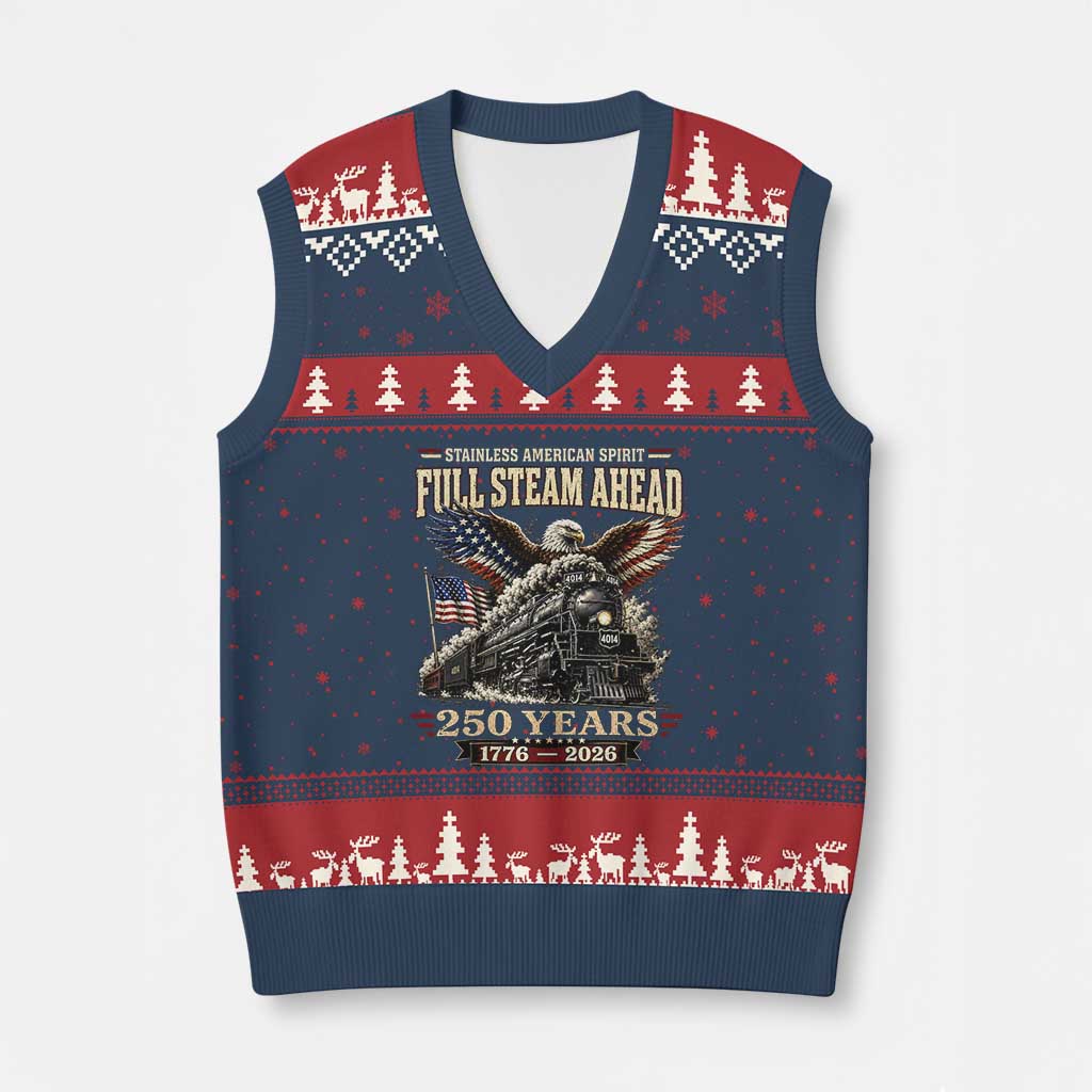 Full Steam Ahead Patriotic Bald Eagle V-Neck Knit Sweater Vest Vintage Stainless American Spirit Steam Locomotive Heritage