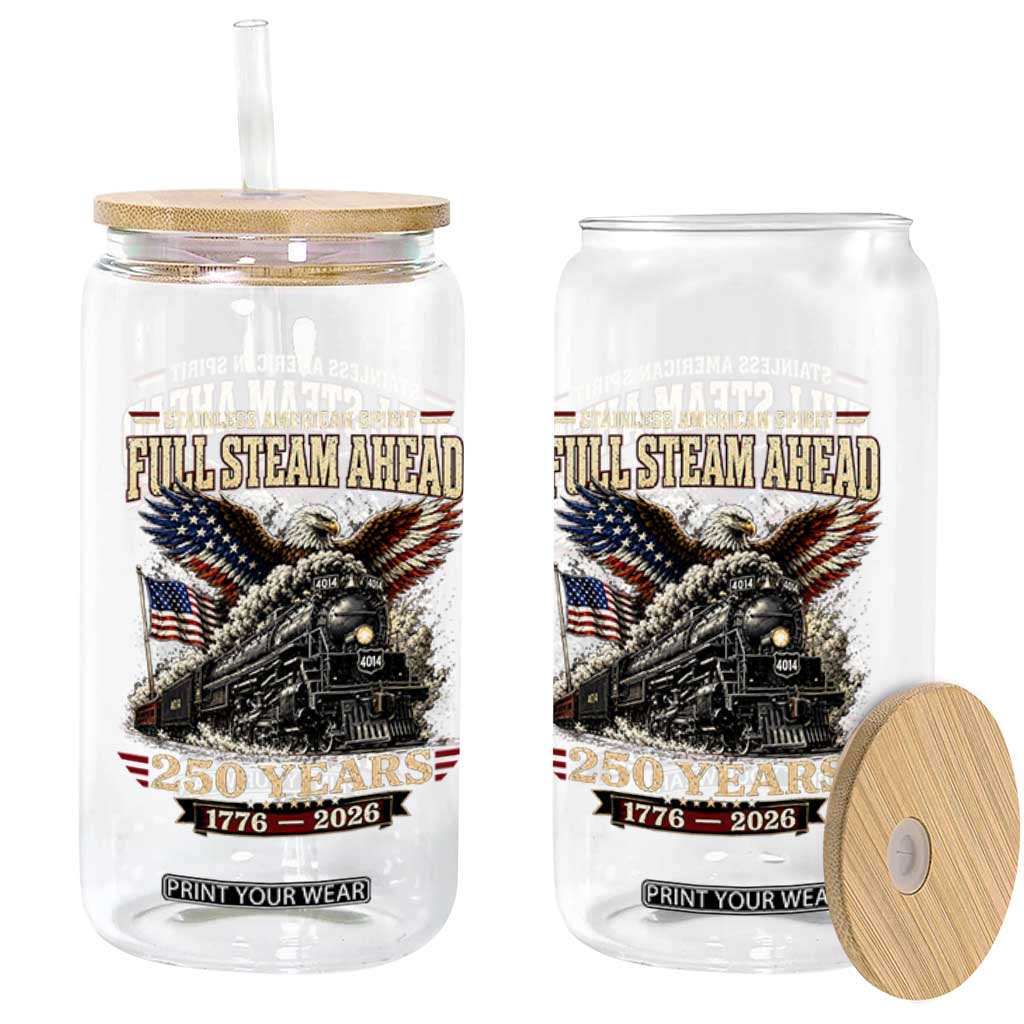 Full Steam Ahead Patriotic Bald Eagle Glass Can Vintage Stainless American Spirit Steam Locomotive Heritage