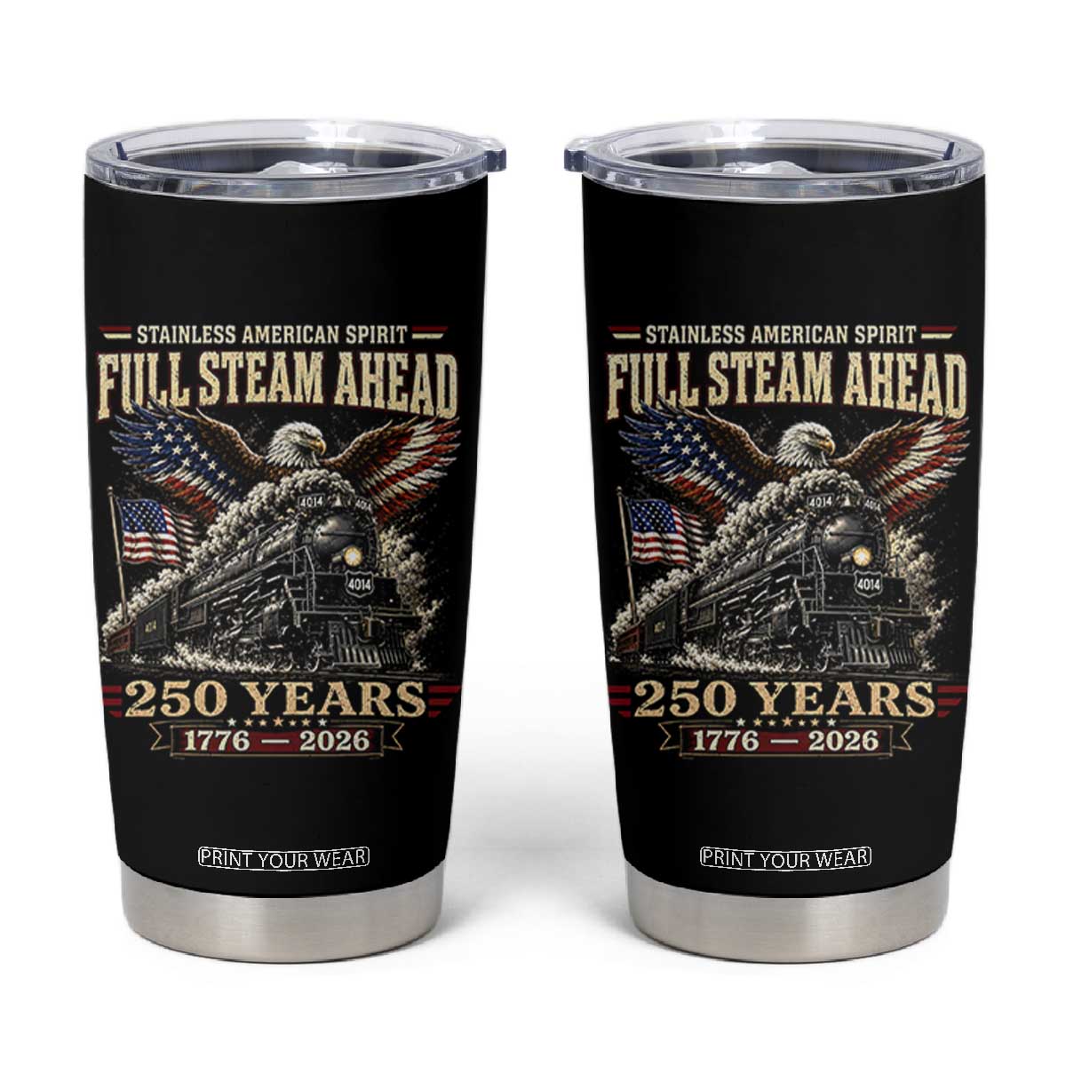 Full Steam Ahead Patriotic Bald Eagle Tumbler Cup Vintage Stainless American Spirit Steam Locomotive Heritage