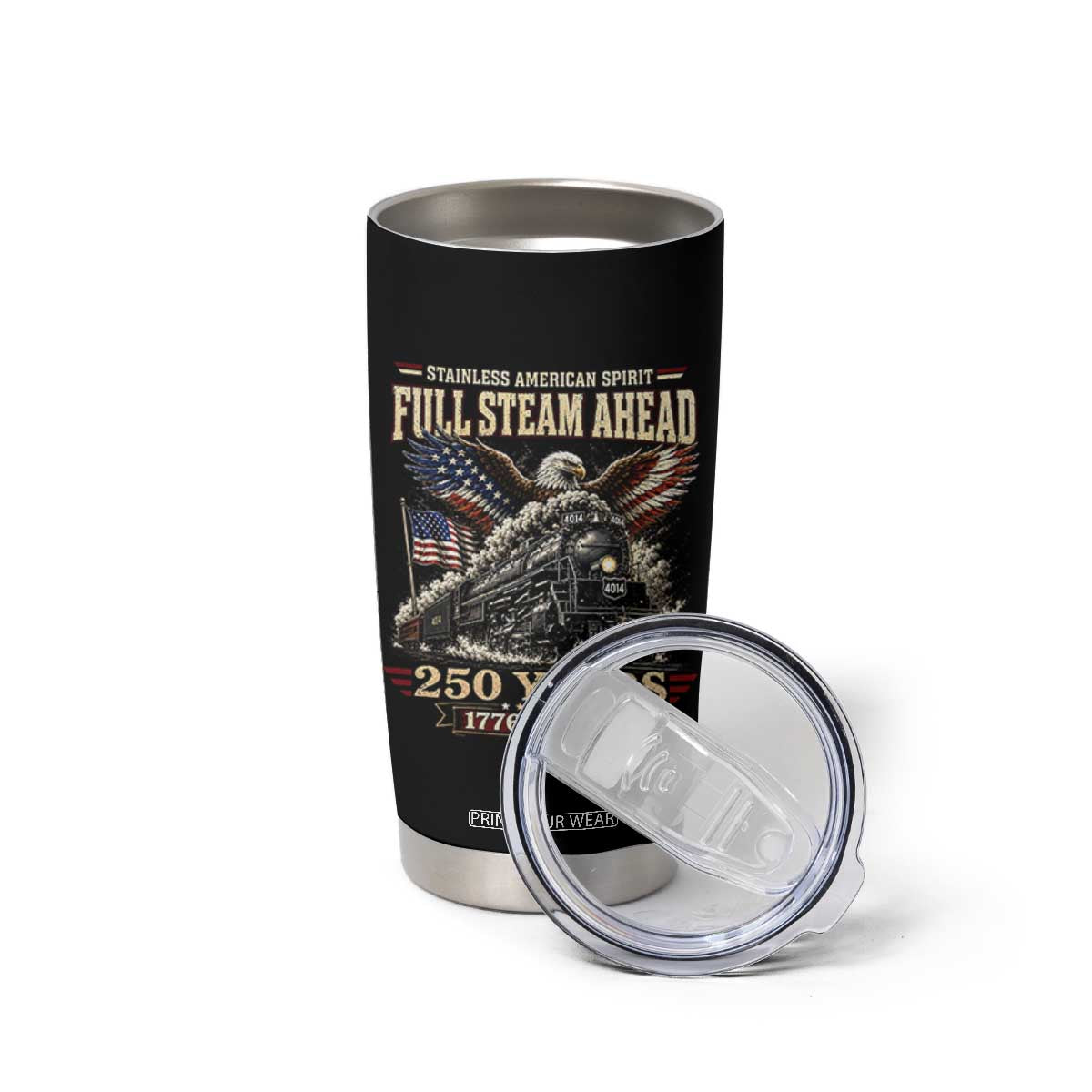 Full Steam Ahead Patriotic Bald Eagle Tumbler Cup Vintage Stainless American Spirit Steam Locomotive Heritage