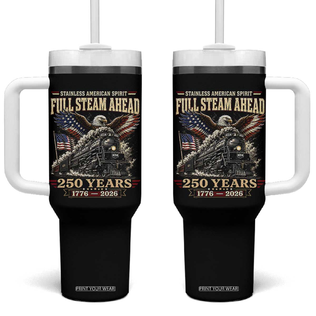 Full Steam Ahead Patriotic Bald Eagle Tumbler With Handle Vintage Stainless American Spirit Steam Locomotive Heritage TS02 One Size: 40 oz Black Print Your Wear