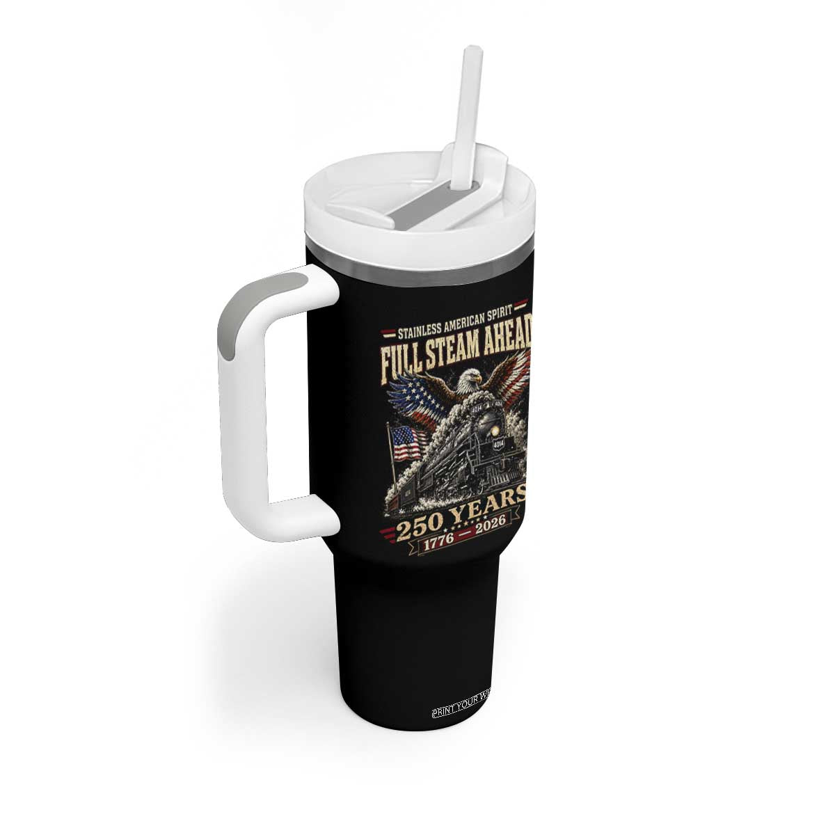 Full Steam Ahead Patriotic Bald Eagle Tumbler With Handle Vintage Stainless American Spirit Steam Locomotive Heritage TS02 Print Your Wear